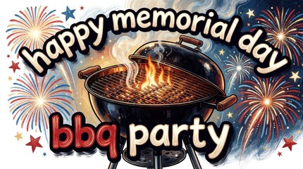 Naklejka premium Memorial Day BBQ party illustration with a hot grill, fireworks and patriotic stars and stripes. Celebrate summer cookout with family and friends.