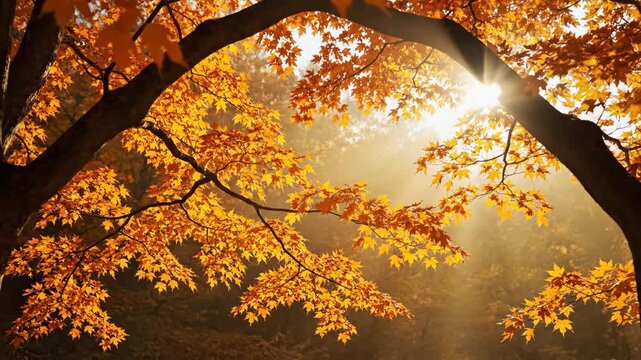 Twin dark maple trunks curve into a natural arch around radiant amber foliage, framing misty sunbeams and a softly layered woodland beyond in an immersive, peaceful portrait of the fall season