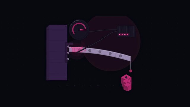 Abstract animated beam flexing under a strain gauge drawn as violet and blue lines and shapes on a deep dark background. Seamless looping 4K motion graphics video with free space for text, ideal for t