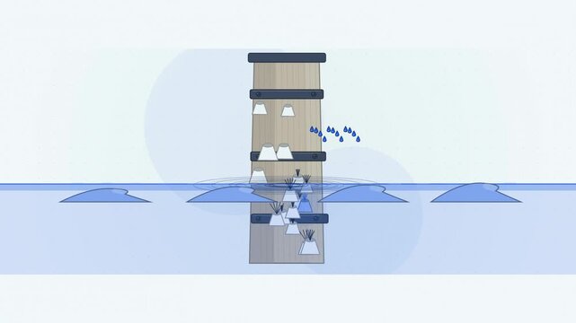 Abstract animated barnacles colonising a wooden piling drawn as blue and cyan lines and shapes on a bright, clean light background. Seamless looping 4K motion graphics video with free space for text, 