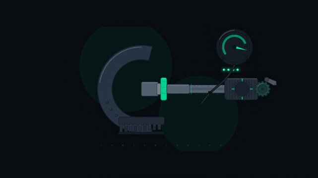 Abstract animated micrometer thread advancing by fine steps drawn as cyan and teal lines and shapes on a deep dark background. Seamless looping 4K motion graphics video with free space for text, ideal