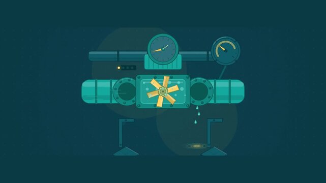 Abstract animated flow meter rotor turning with the stream drawn as cyan and teal lines and shapes on a deep dark background. Seamless looping 4K motion graphics video with free space for text, ideal 