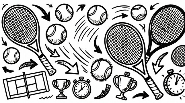 Tennis doodle elements including rackets balls net trophies and stopwatch are drawn with arrows indicating motion and direction. Sports infographics graphics for presentations and game layouts.