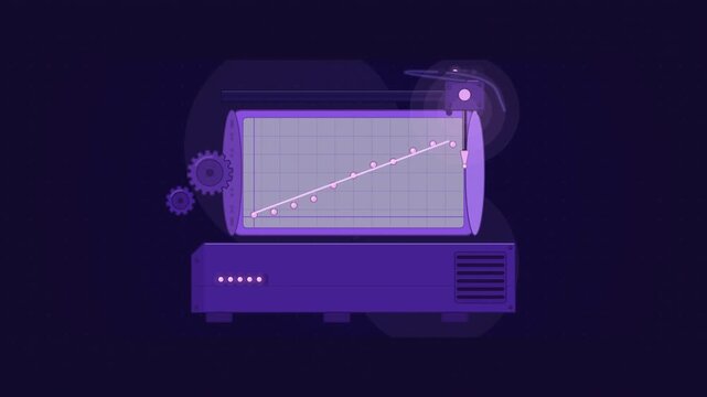 Abstract animated plotter drawing a calibration curve drawn as violet and blue lines and shapes on a deep dark background. Seamless looping 4K motion graphics video with free space for text, ideal for