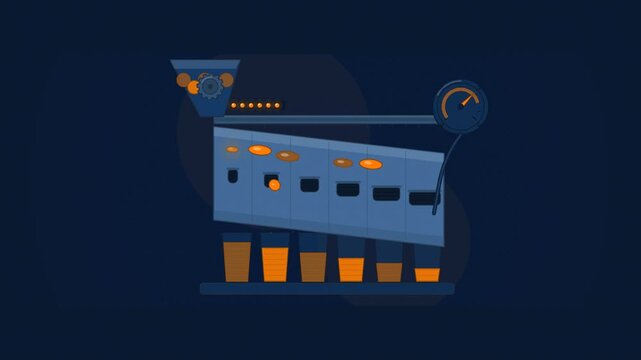 Abstract animated coins dropping into sorting slots drawn as blue and cyan lines and shapes on a deep dark background. Seamless looping 4K motion graphics video with free space for text, ideal for tec