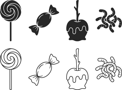 Set of hand drawn halloween candy icons featuring lollipops wrapped sweets candy apples and gummy worms