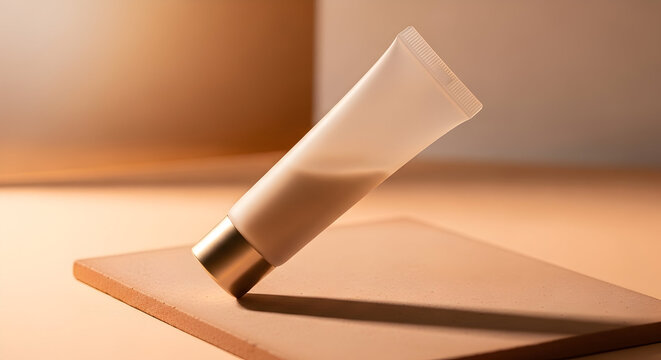 Elegant White Cosmetic Tube Floating Above a Soft Neutral Surface with Warm Ambient Lighting