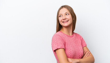 Fototapeta premium Young Russian woman isolated on white background looking to the side and smiling