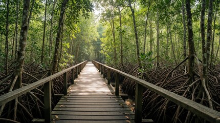 Naklejka premium Wooden walkway leads through Jozani mangrove forest in Zanzibar. Narrow bridge crosses tropical jungle with dense roots, green trees. Nature path offers eco tourism experience in African mangrove
