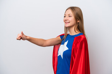 Super Hero Russian woman isolated on white background giving a thumbs up gesture © luismolinero