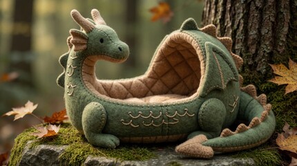 Naklejka premium Handmade green dragon shaped plush toy nest rests on mossy rock. Autumn leaves and tree bark surround the cute fabric creature. Soft fantasy item.