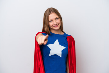 Super Hero Russian woman isolated on white background points finger at you with a confident expression © luismolinero