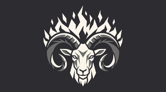 Stylized ram head mascot with large horns and flame crown