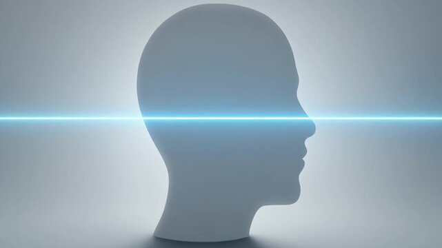 Human head profile with glowing blue laser scan, 3D background video for AI and facial recognition