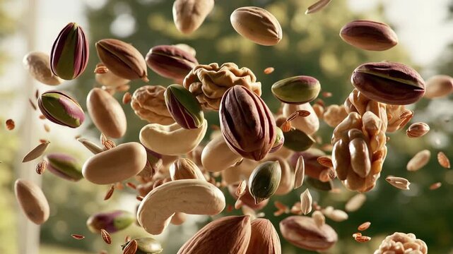Mixed nuts and seeds flying through the air in slow motion with almonds, cashews, walnuts and pistachios in a dynamic healthy food explosion