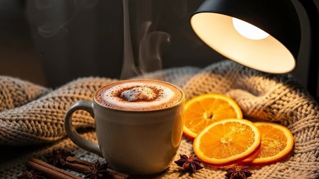 Cozy steaming cappuccino with orange slices, cinnamon, and star anise on a warm knitted blanket under soft light.
