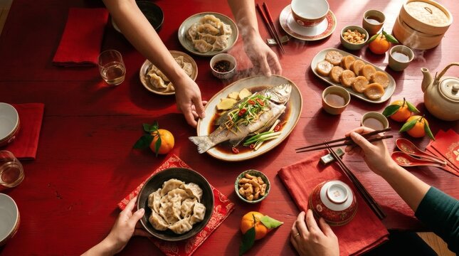 Festive Asian Lunar New Year Feast with Traditional Dishes and Sharing Hands