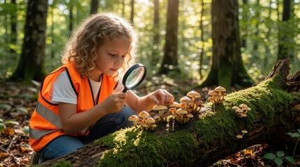 Fototapeta premium Young female child investigates fungi on a mossy log in woods. Girl uses magnifying glass to observe small mushrooms during outdoor nature study time.