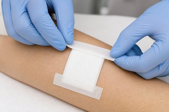 Healthcare Worker Securing Sterile Wound Dressing with Medical Tape on Patient Arm