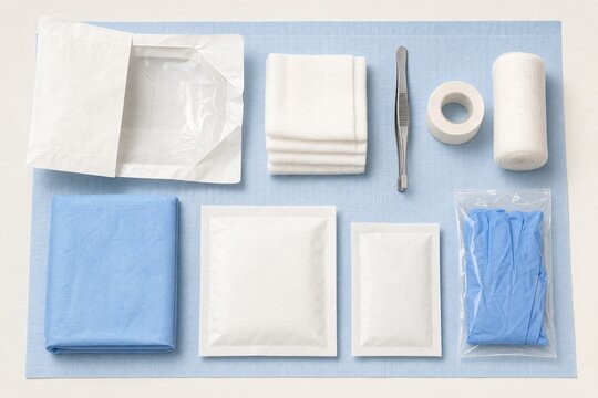 Disposable Sterile Wound Dressing Kit with Gauze Bandage Forceps and Gloves Flat Lay
