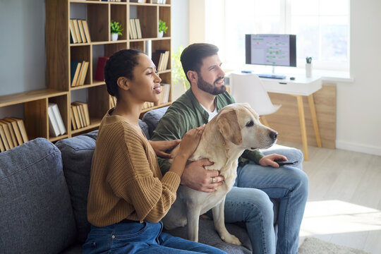 Couple with dog watching tv at home. Smiling partners sit on a sofa in a bright living room, cuddling their friendly pet and enjoying streaming entertainment. Warm family leisure and pet love.