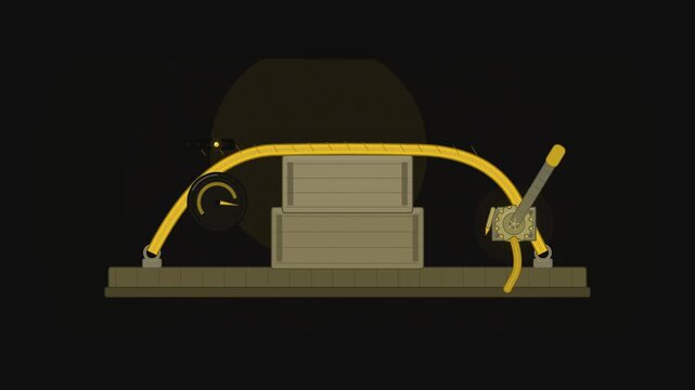 Abstract animated ratchet strap pulling a load tight drawn as yellow and gold lines and shapes on a deep dark background. Seamless looping 4K motion graphics video with free space for text, ideal for 
