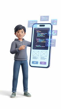 Young software developer creates mobile application logic while standing next to a massive handheld device showing written program commands and user interface layouts for upcoming technology