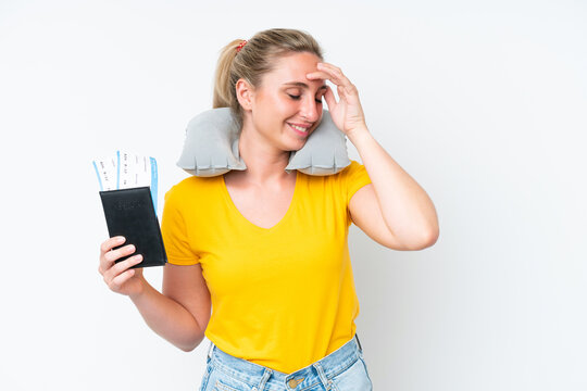 Woman with Inflatable Travel Pillow laughing