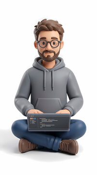 Young bearded male programmer wearing glasses sits cross legged while focusing on his laptop computer to write software code for a web project representing the digital skills of a software