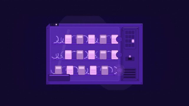 Abstract animated vending spiral releasing an item drawn as violet and blue lines and shapes on a deep dark background. Seamless looping 4K motion graphics video with free space for text, ideal for in