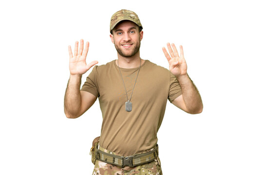Military with dog tag over isolated chroma key background counting nine with fingers