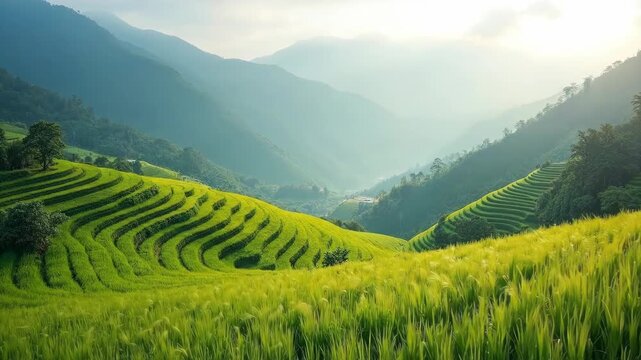 Vibrant green rice terraces cascade down lush mountainsides under a bright sky.