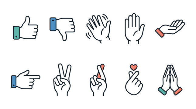 Collection of stylized hand gesture icons including thumbs up, thumbs down, waving, open palm, pointing, peace sign, finger heart, and praying hands