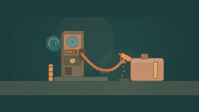 Abstract animated fuel pump metering out a delivery drawn as amber and orange lines and shapes on a deep dark background. Seamless looping 4K motion graphics video with free space for text, ideal for 