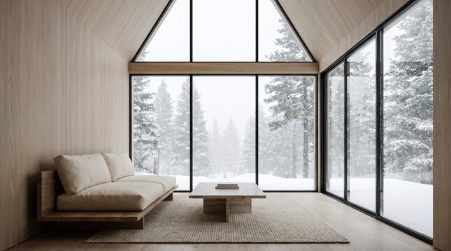Cozy minimalist cabin living room with large glass windows overlooking a snowy winter forest