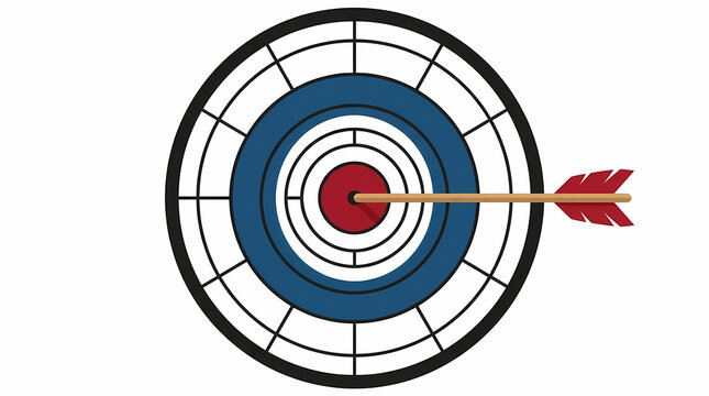 A sharp arrow pierces the center of a circular target as a symbol of achievement and reaching professional goals while illustrating precision performance and strategic success in business