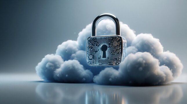 Secure cloud icon with circuit board pattern rests on fluffy clouds. Digital padlock symbolizes data protection and online safety in cyber space. Technology concept.