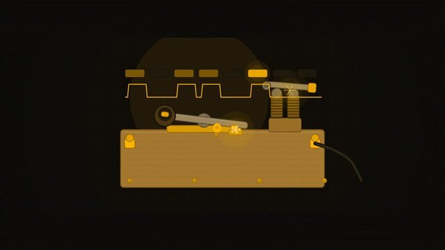 Abstract animated telegraph key tapping out a message drawn as amber and orange lines and shapes on a deep dark background. Seamless looping 4K motion graphics video with free space for text, ideal fo