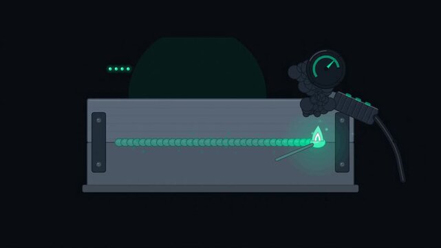 Abstract animated weld bead advancing along the seam drawn as blue and cyan lines and shapes on a deep dark background. Seamless looping 4K motion graphics video with free space for text, ideal for in