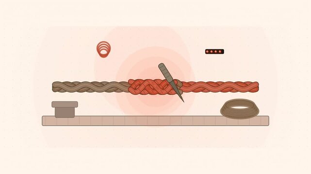 Abstract animated strands woven into a rope splice drawn as coral and magenta lines and shapes on a bright, clean light background. Seamless looping 4K motion graphics video with free space for text, 