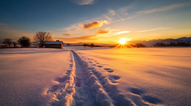 Winter Sunrise Path: A lone path meanders through a pristine snow-covered field towards a distant barn as the sun rises, casting a warm golden glow across the winter landscape.