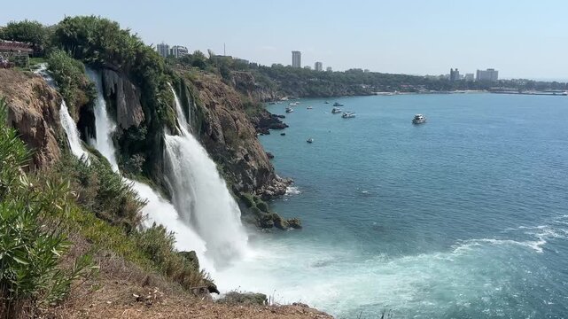 Lower Duden Waterfall Cascading Into Mediterranean Sea in Antalya