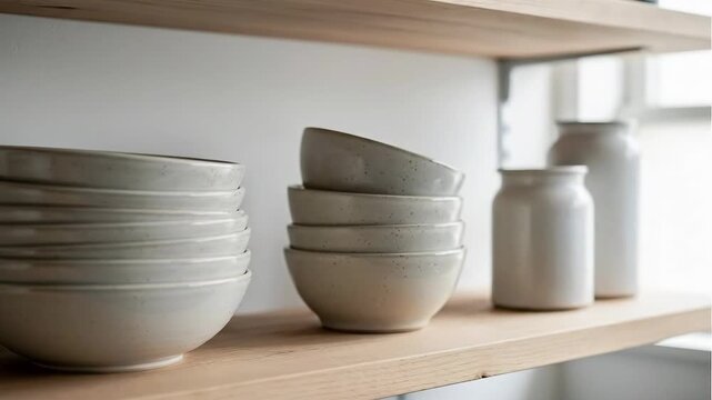 Neatly stacked ceramic bowls and jars on a light wooden shelf in a minimalist setting.
