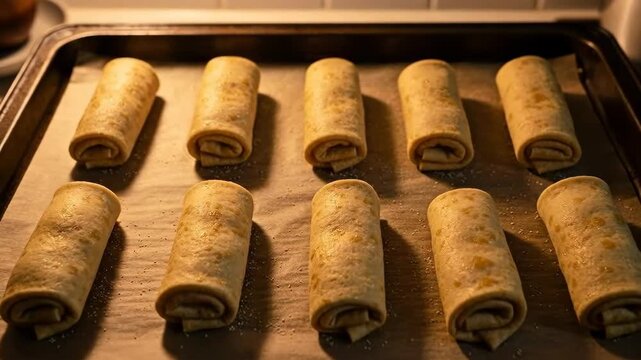 Homemade rolled pastries neatly arranged on a baking sheet, ready to bake.