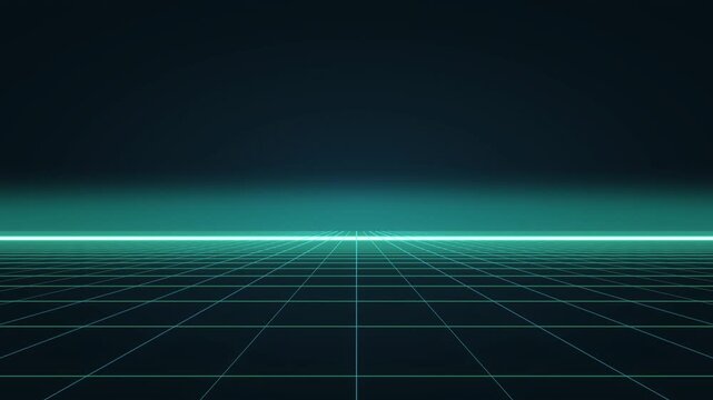 Futuristic Wireframe Grid Illuminated by Neon Blue Light Horizon