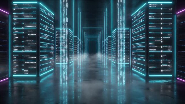 Neon glowing server room and data center corridor, futuristic background video for cyberspace and cloud computing