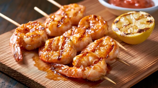 Grilled shrimp skewers with lemon and sauce on board