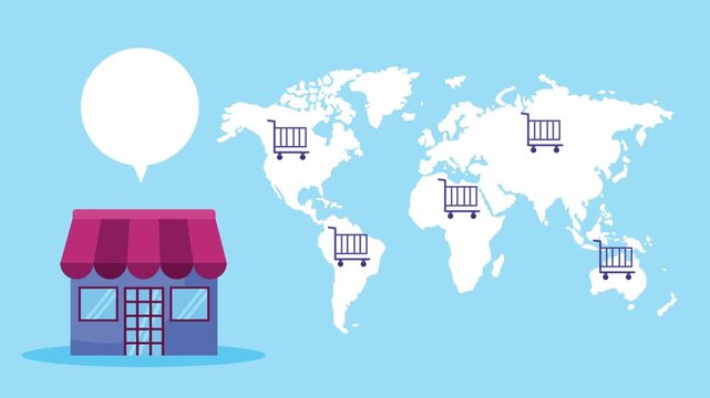 Animated world map with shopping carts and storefront representing global ecommerce and retail business expansion.