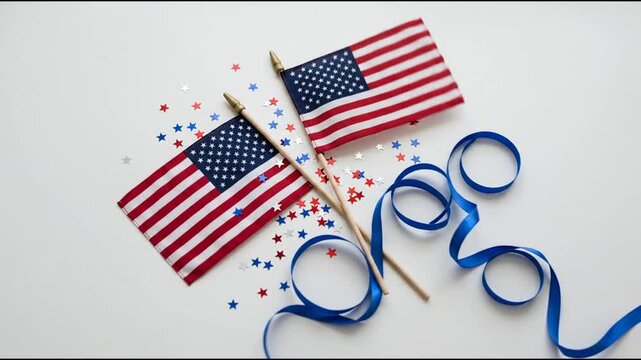 Two American Flags with Blue Ribbons and Star Confetti for Patriotism