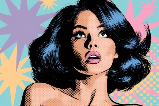 Pop art girl looking up surprised halftone style